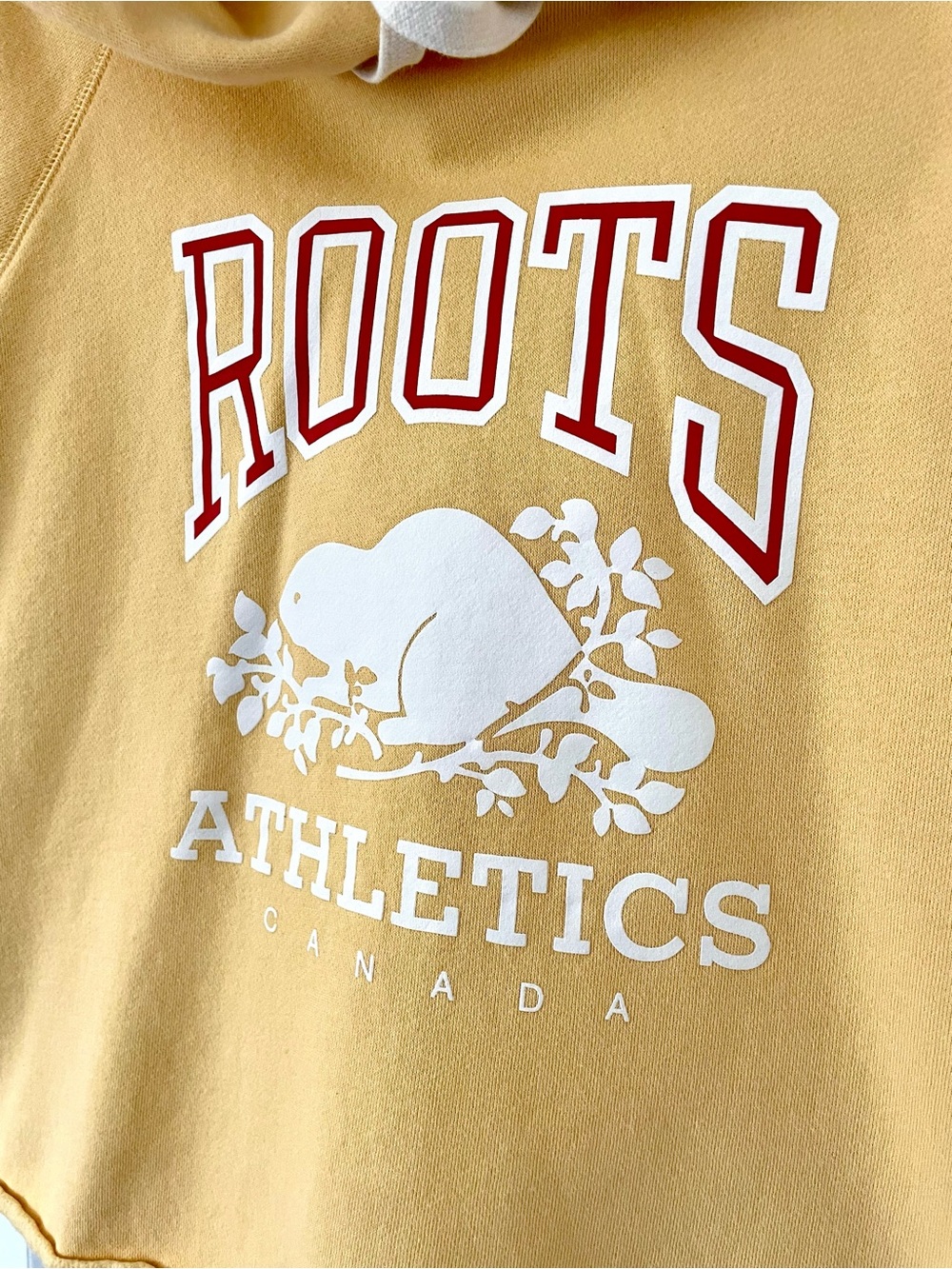Women’s Roots Retro Collegiate Print Cropped Pullover Hoodie Mustard Yellow